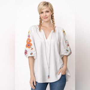 Embroidered Floral White Boho Top Size XL
